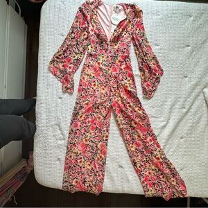 Boohoo Pink and Red Floral Jumpsuit with Bell Sleeves Size 4